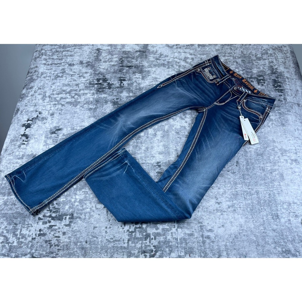 Rock Revival Womens 29 Faux Bootcut Jeans Denim Heavy Stitch Fleur De Lis NWT